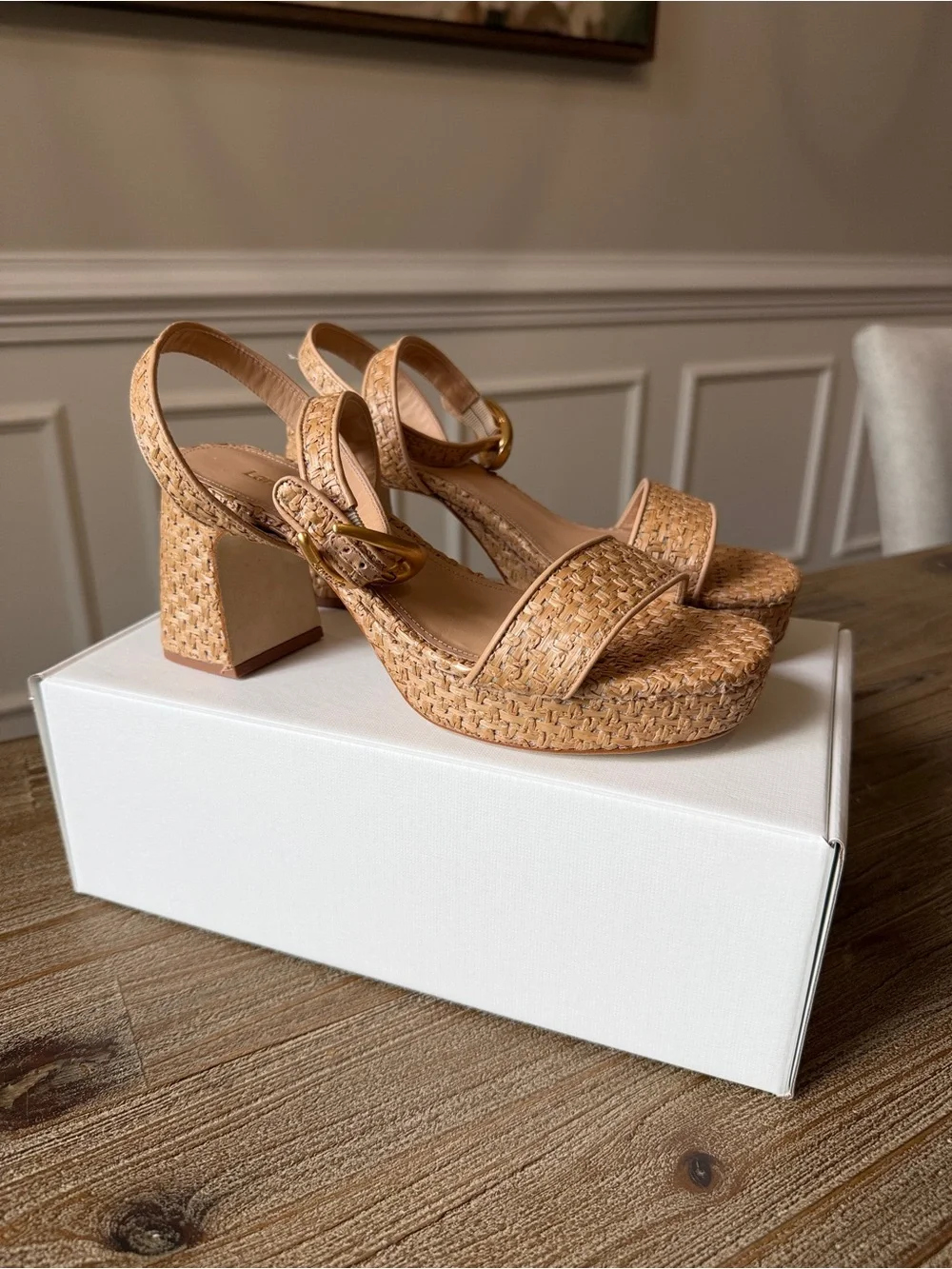 Larroude Dolly Verona Low Sandal - Woven Platform Sandal in Tan - 7- NWT